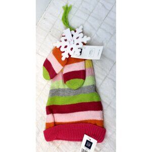 2pc Baby Gap Hat Mittens Long Stocking Cap sz 0-6 Months Striped Gift Snowflake